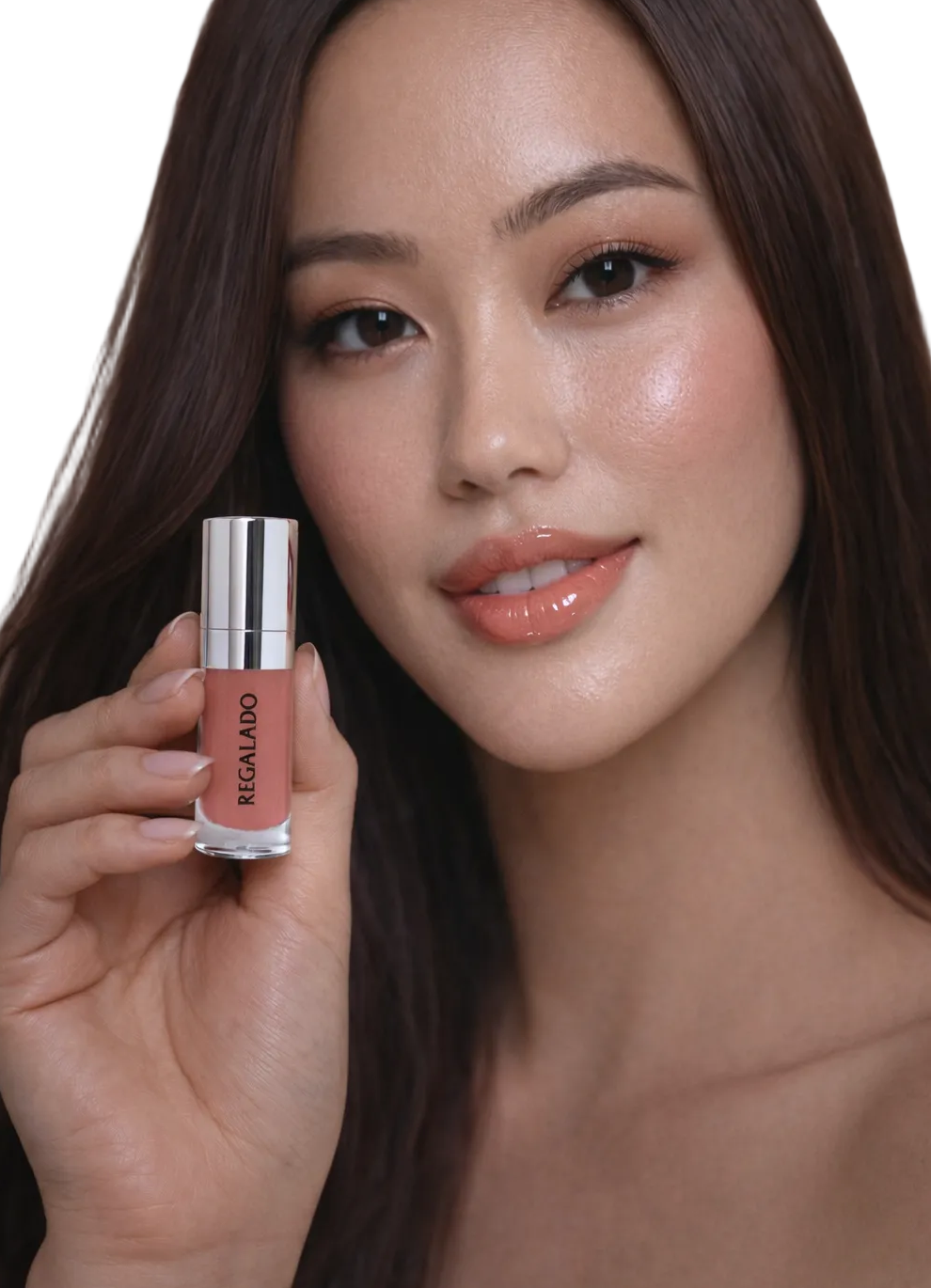 Woman holding a lipoil with a neutral background